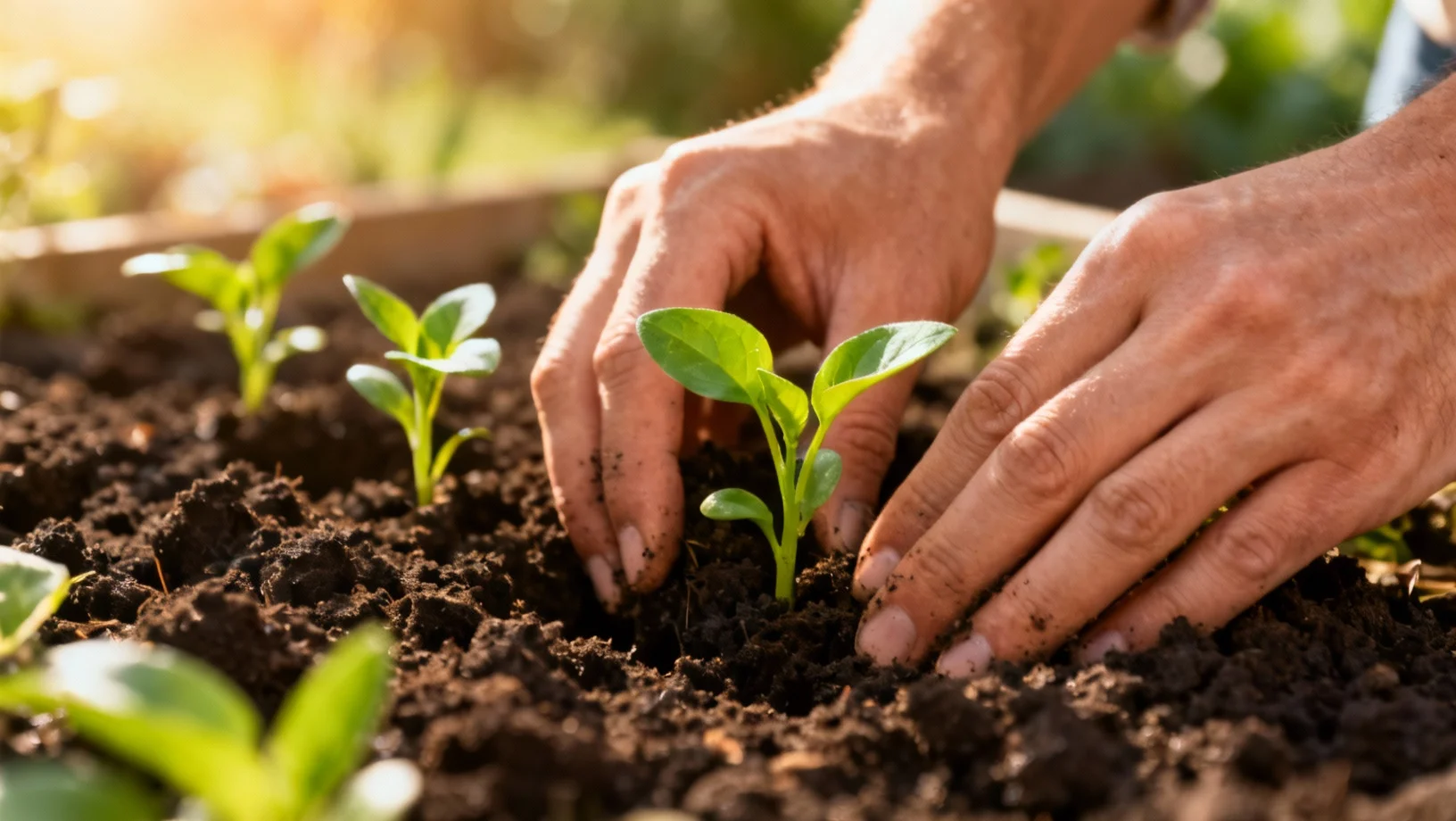 Mains plantant des semis dans la terre