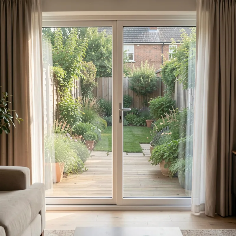 Petit jardin urbain clos de murs vu depuis une baie vitrée, terrasse en bois et plantations en limite