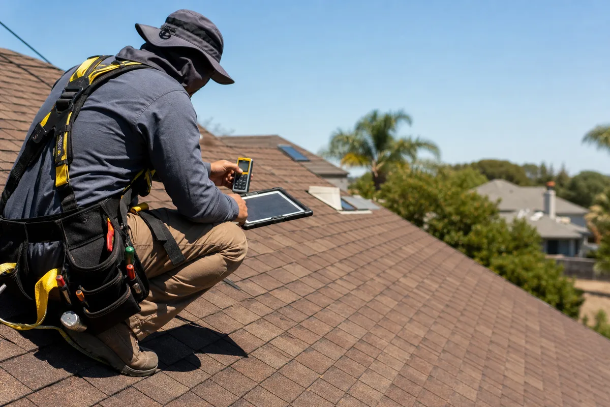 Technicien mesurant l’inclinaison d’une toiture avant la pose de panneaux solaires