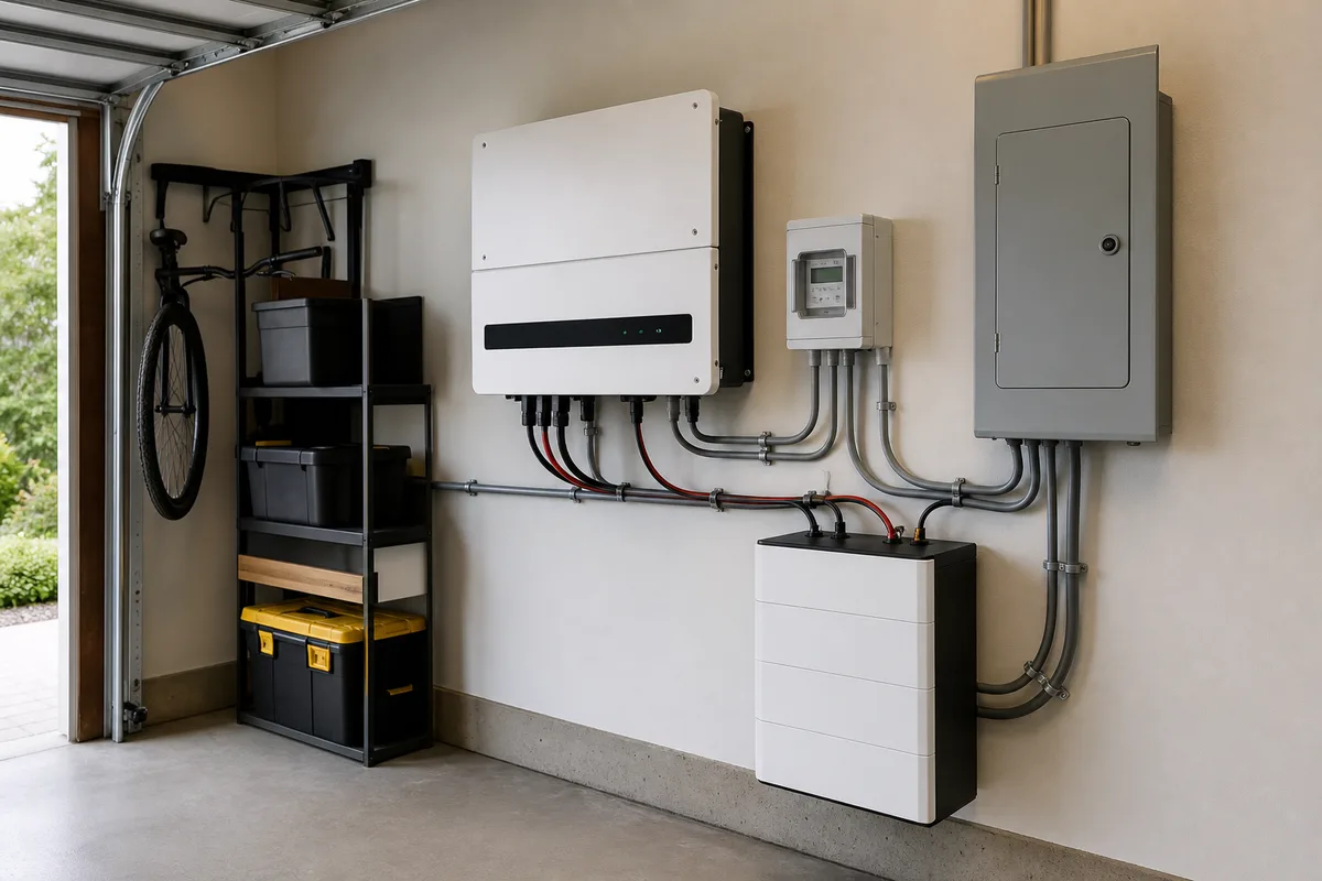 Compteur électrique et onduleur solaire installés dans un garage domestique