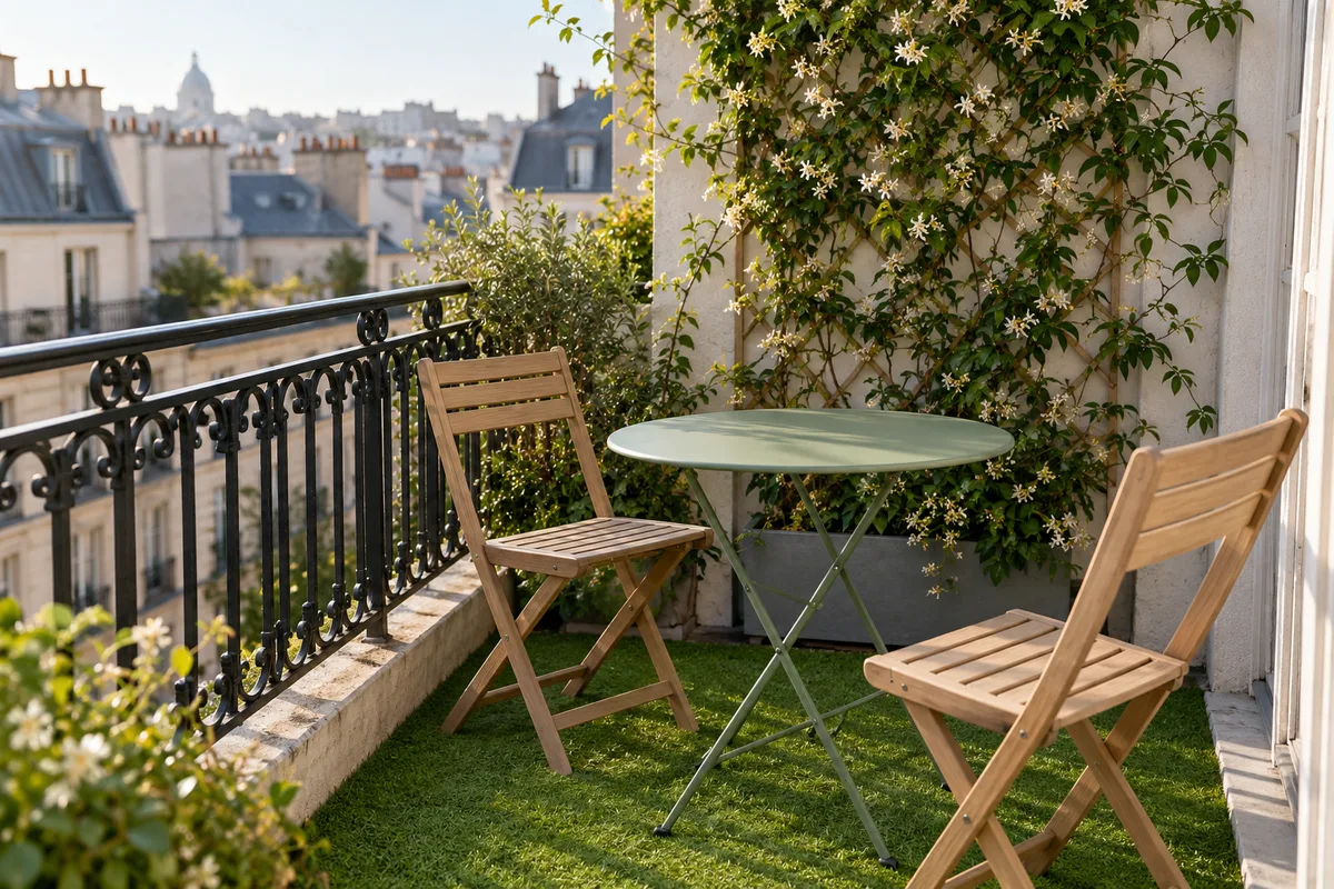Petit balcon couvert d’un gazon synthétique ras, deux chaises pliantes en bois clair