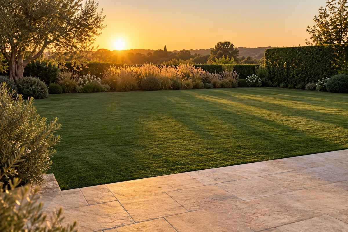 Pelouse synthétique bicolore au reflet mat dans un jardin d’agrément, lumière du soir