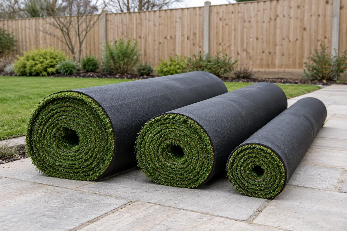 Trois rouleaux de gazon synthétique de largeurs différentes sur une allée de jardin