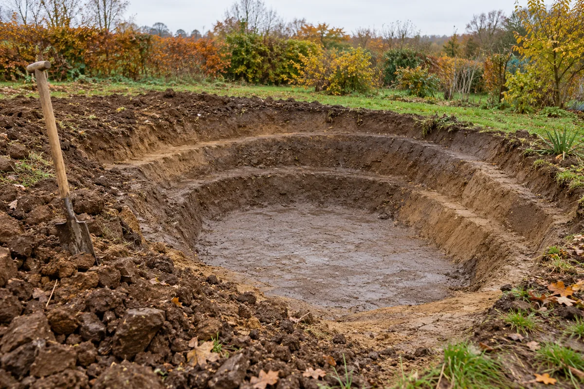 Mare en cours de creusement en automne, avec des paliers successifs et des berges en pente douce