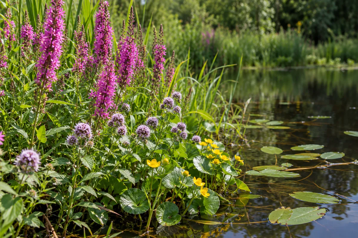 Berge de mare en été avec salicaires roses, menthe aquatique en fleurs et feuilles flottantes de potamot