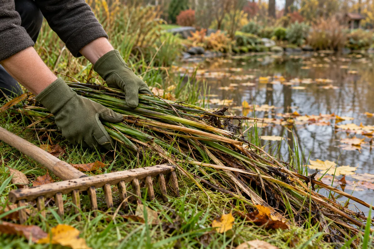 Mains gantées déposant des tiges de joncs coupées sur la berge d&rsquo;une mare parsemée de feuilles d&rsquo;automne