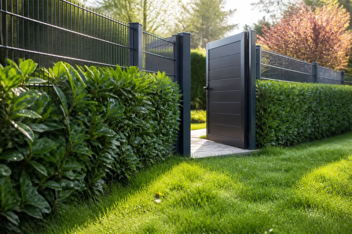 Entrée de jardin avec portail en aluminium anthracite, clôture et haie taillée, lumière de printemps