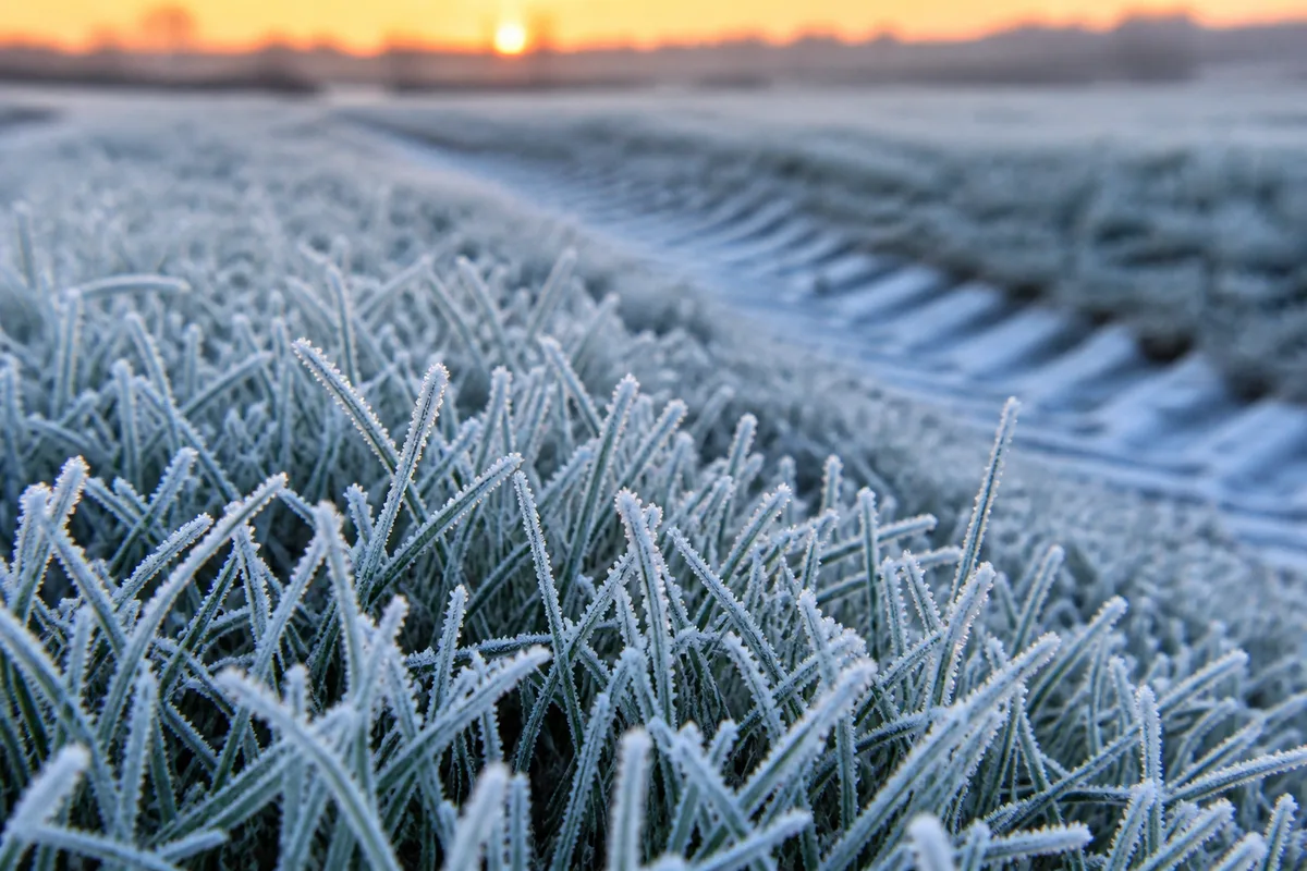 Pelouse couverte de givre au petit matin en hiver dans un jardin français