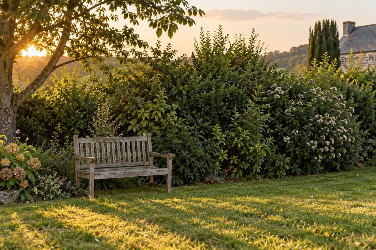 Haie mixte champêtre en fond de jardin avec banc en bois vide, lumière du soir