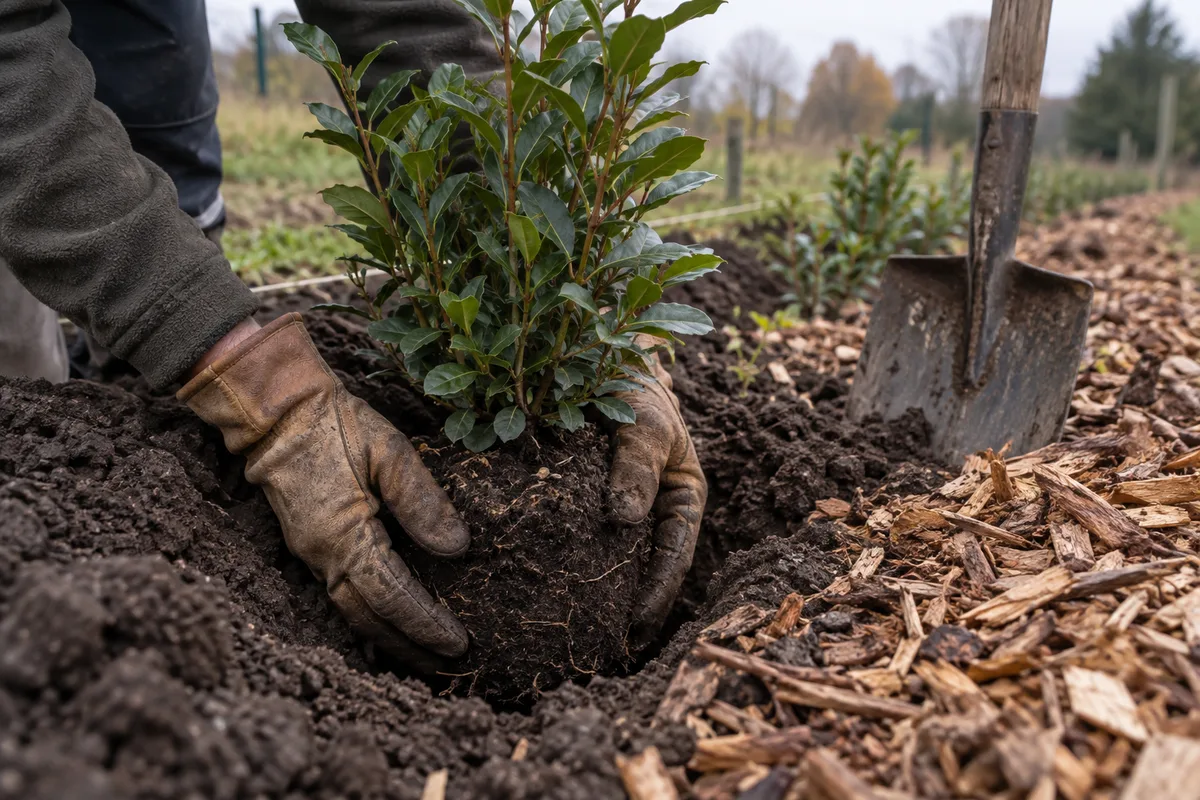 Mains plantant un jeune arbuste en motte dans une tranchée paillée, bêche plantée à côté
