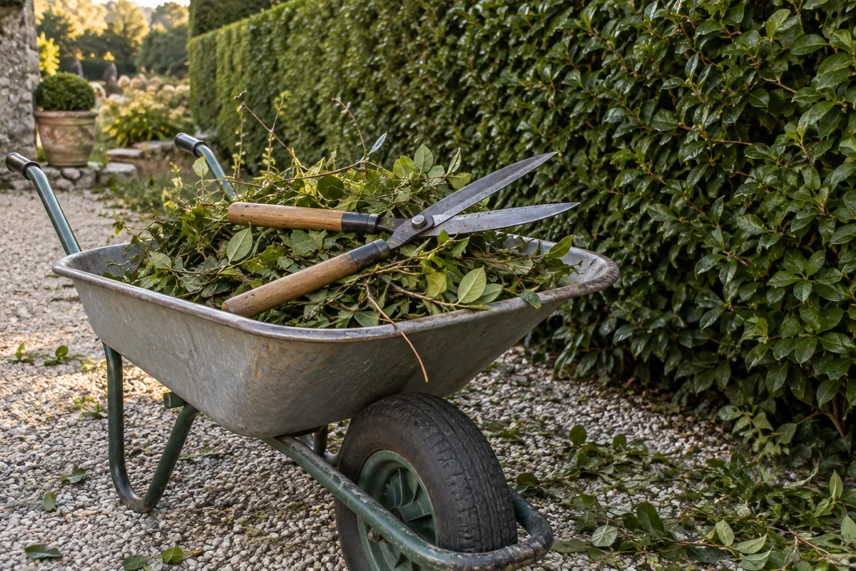 Cisaille posée sur une brouette de branches taillées devant une haie persistante dense