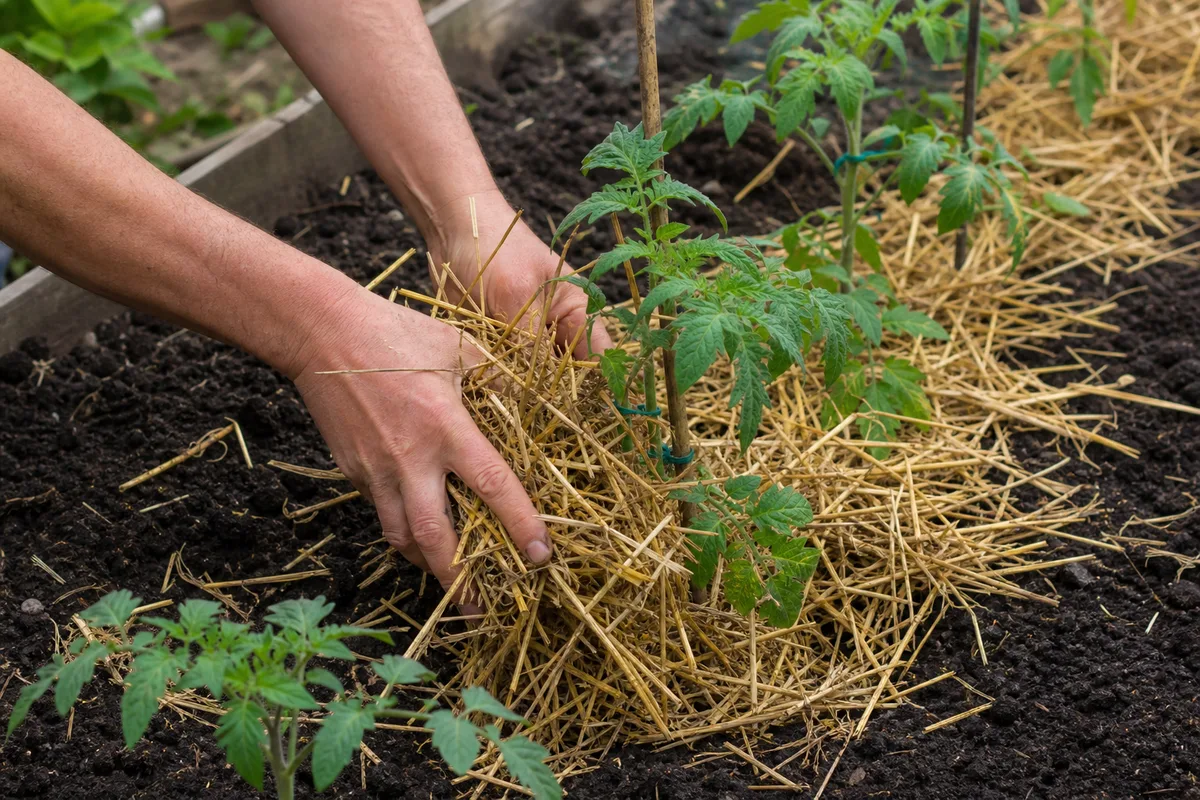 Mains étalant une couche de paillis autour de plants de tomates