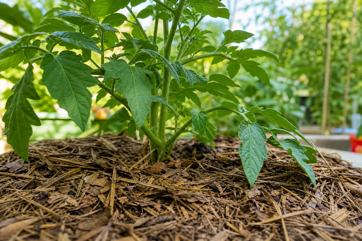 Feuilles de tomate saines au-dessus d’un sol couvert de paillis