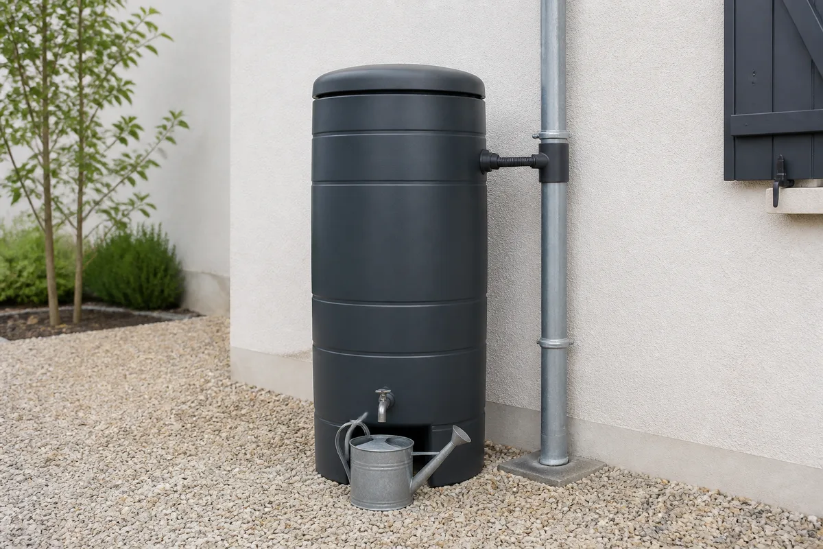 Récupérateur d&rsquo;eau de pluie en plastique gris relié à une descente de gouttière au pied d&rsquo;une maison