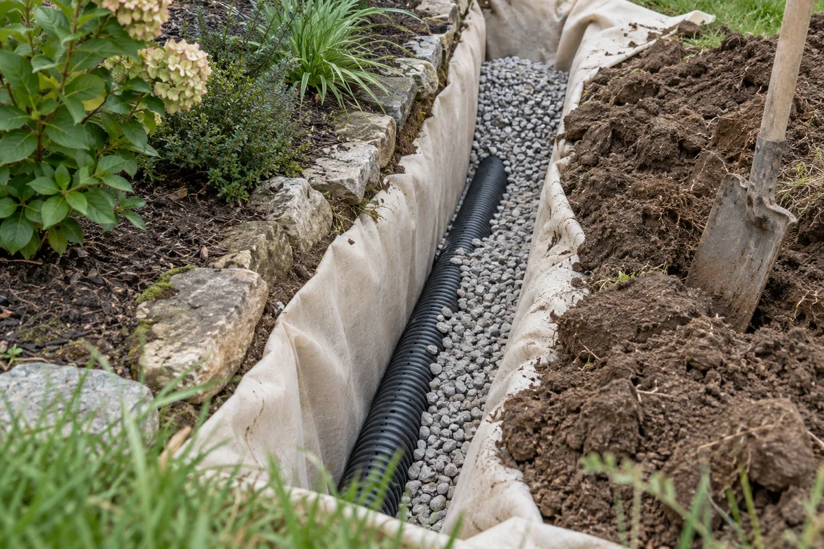 Tranchée d&rsquo;infiltration en gravier avec géotextile et tuyau drainant perforé le long d&rsquo;un massif