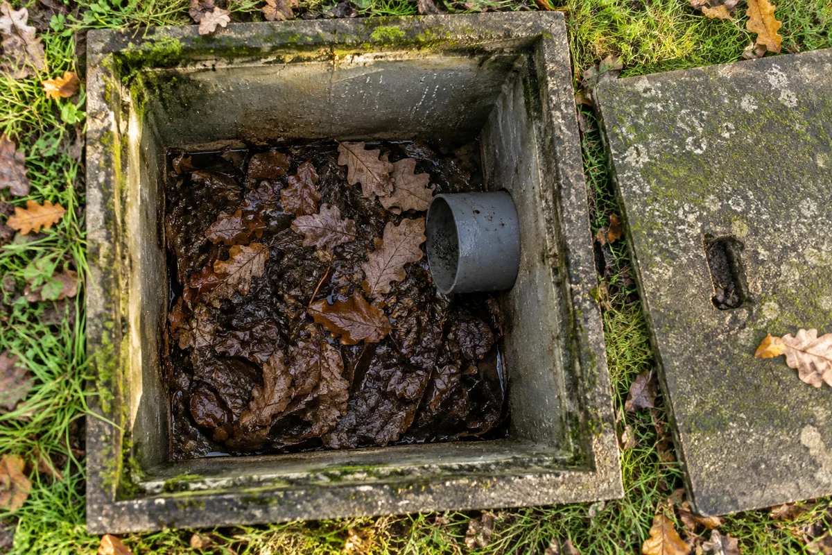 Regard pluvial ouvert rempli de feuilles mortes et de sédiments avec un tuyau PVC gris