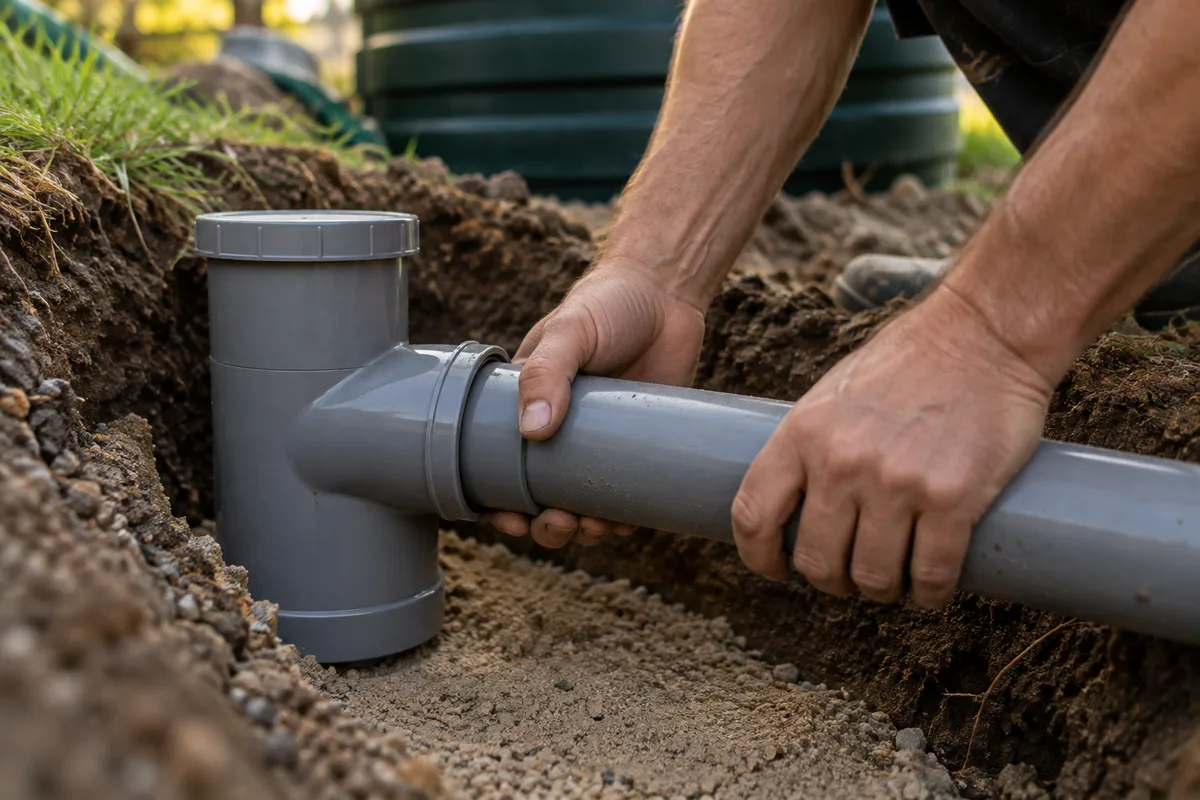 Mains raccordant un tuyau de trop-plein à un siphon anti-odeur gris sur un lit de sable